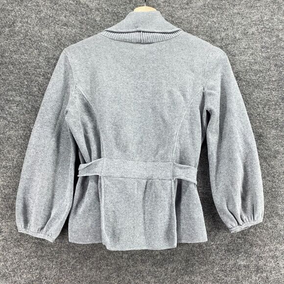 Loft Cardigan Women S Small Gray Knit Collared Open Front Belted Long Sleeve - Picture 2 of 9
